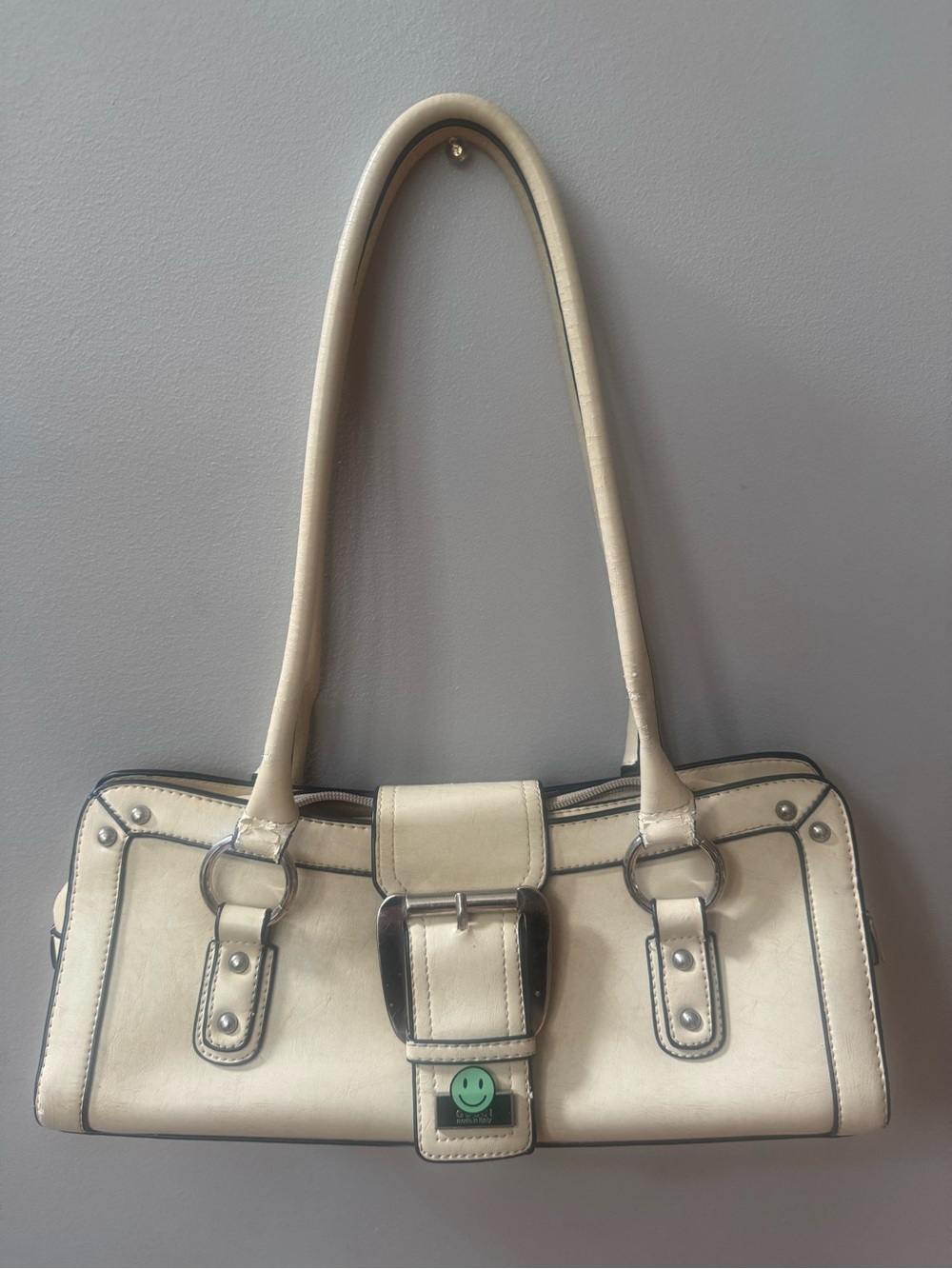 Y2K Designer Inspired Cream Shoulder Bag with Buckle Detail